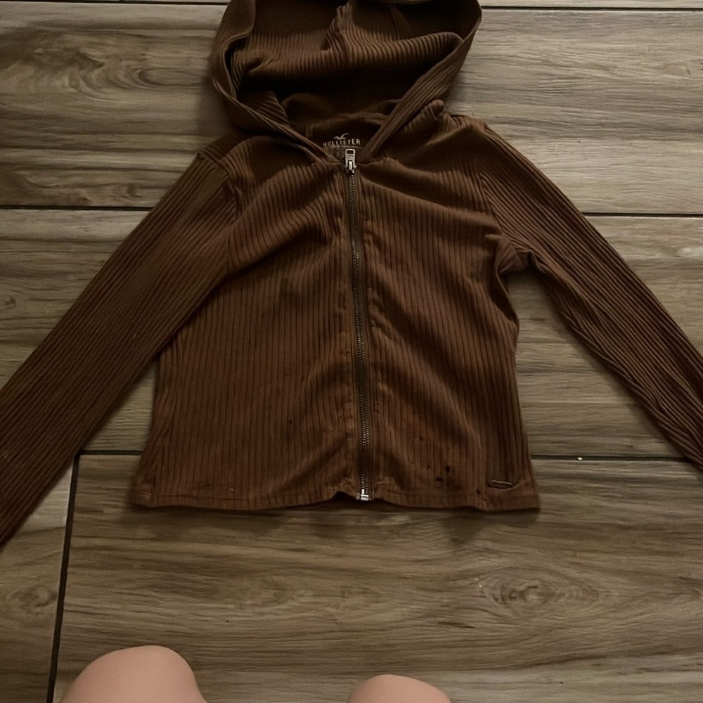 Brown Ribbed Zip-Up Hoodie